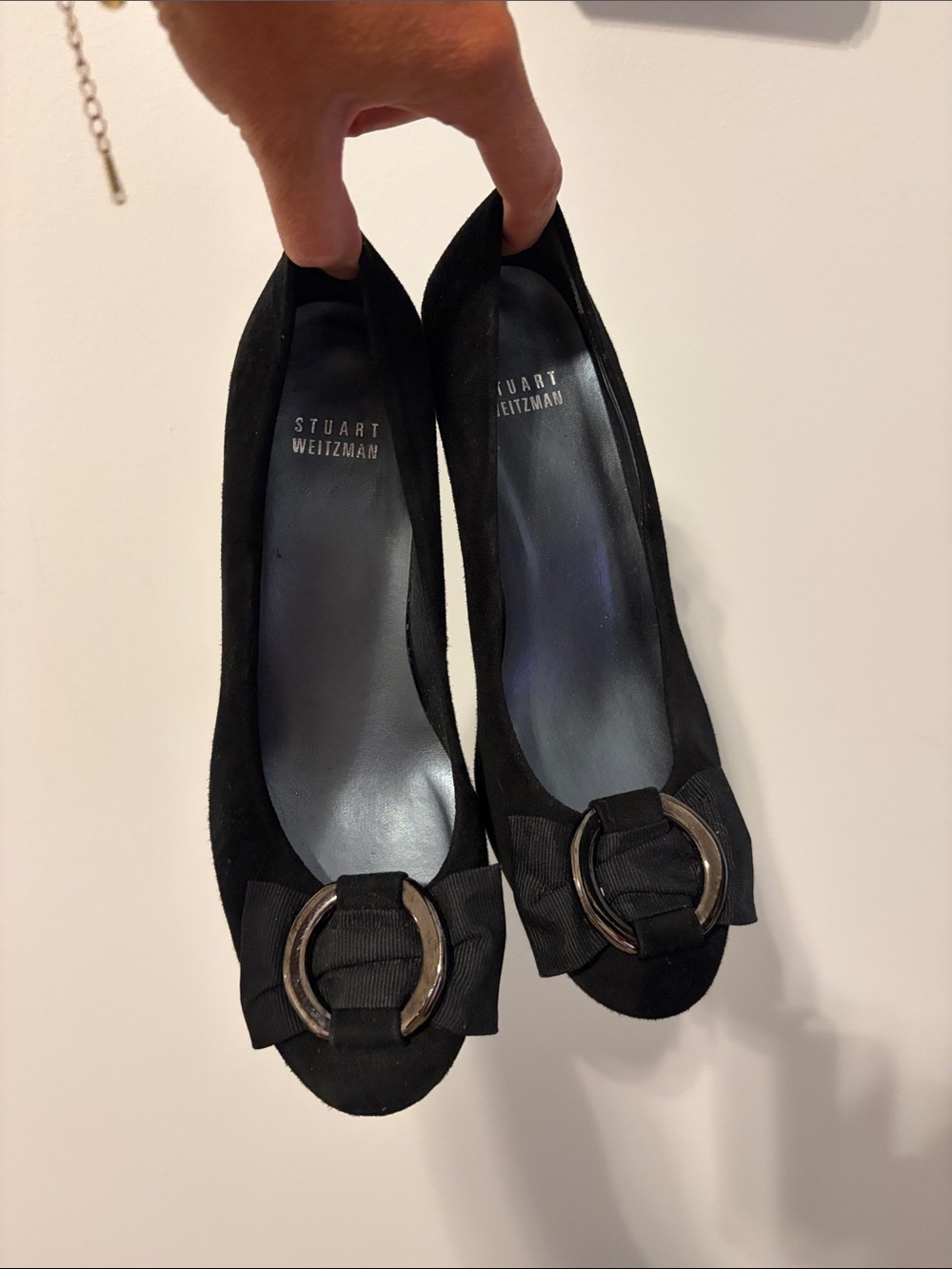 Stuart Weitzman Black Suede Bow-Front Pumps with Buckle